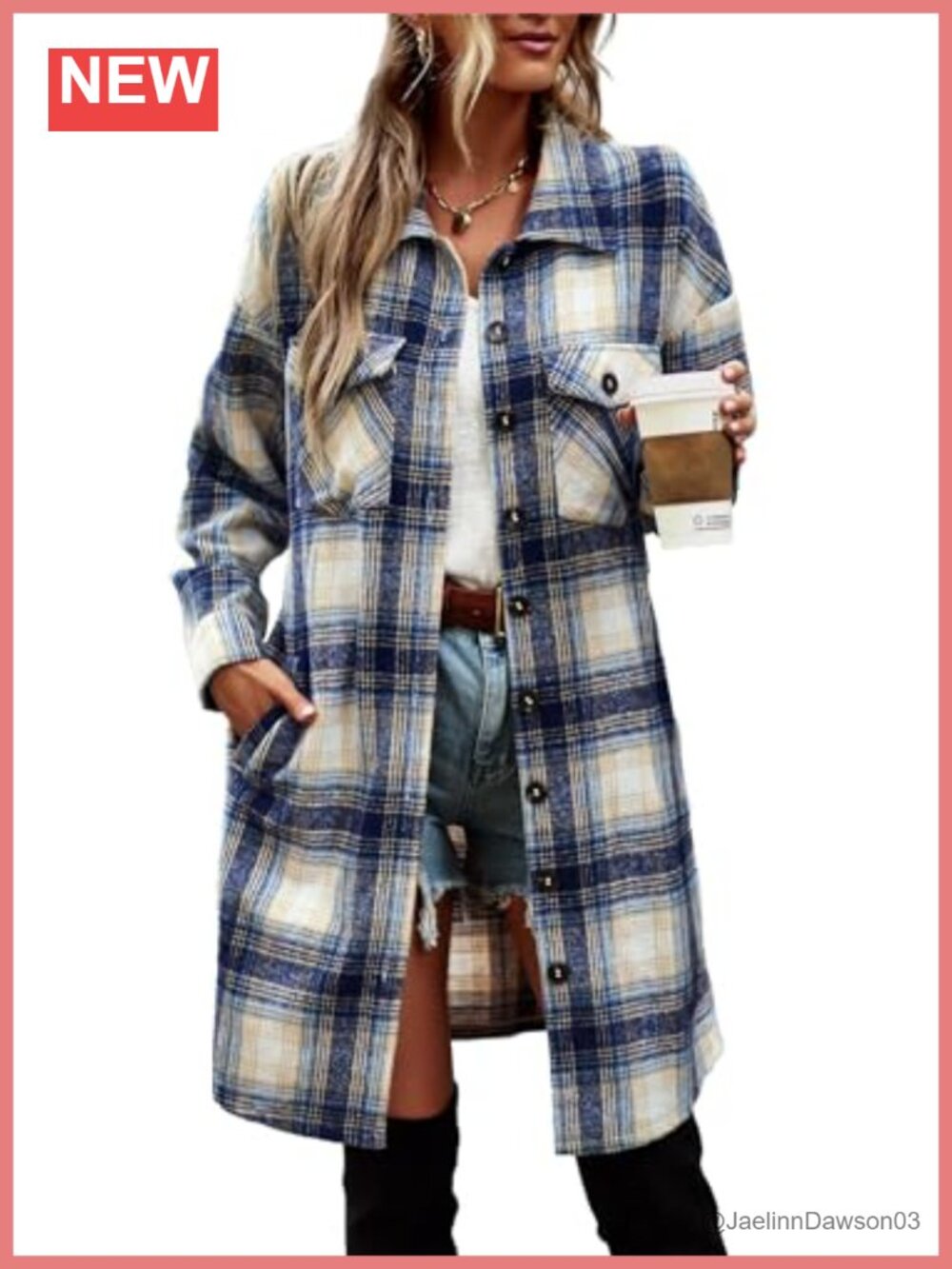 Women's Plaid Shacket Jacket Button Down Long Sleeve Woolen Coat Pockets